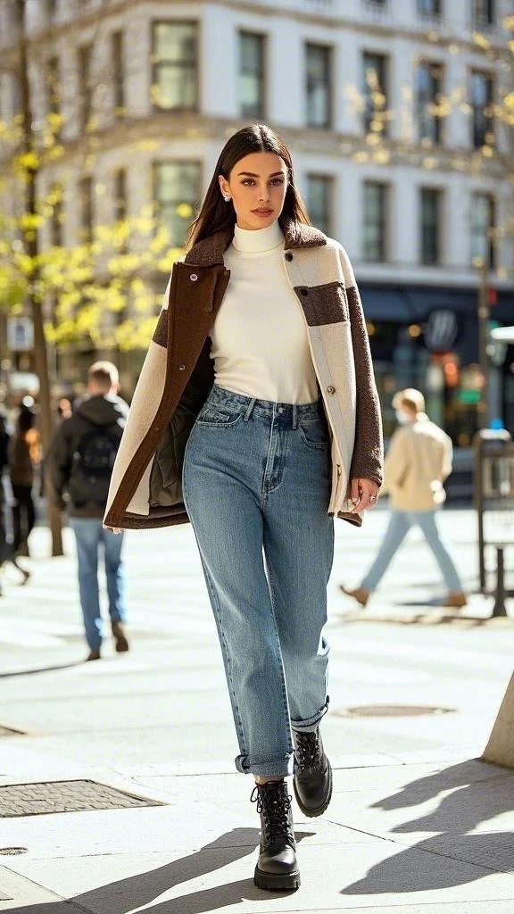 Warm-Toned Coat + Classic White Turtleneck + Blue Jeans + Combat Boots