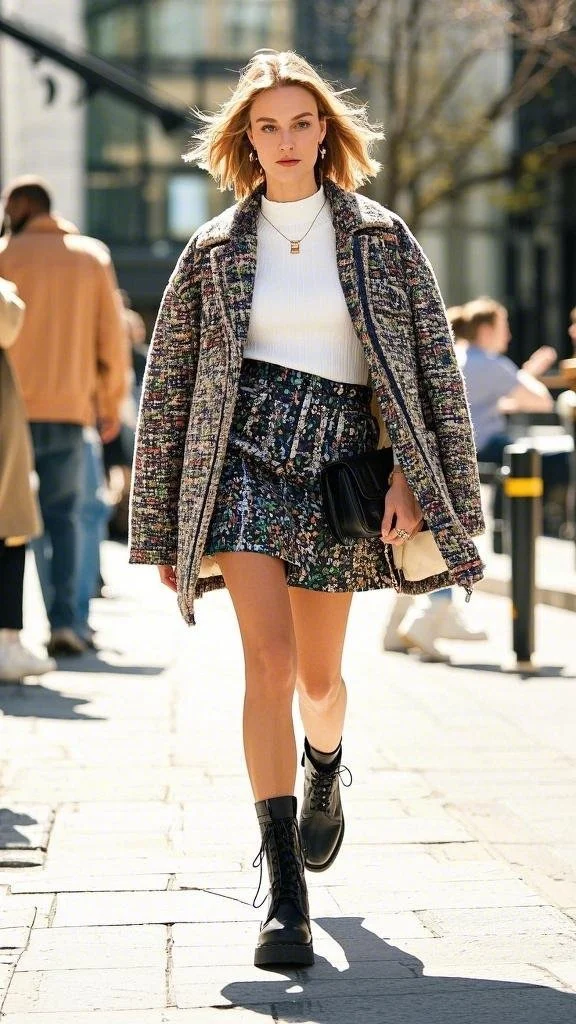 Tweed Texture Coat + Ribbed Turtleneck + Printed Mini Skirt + Combat Boots