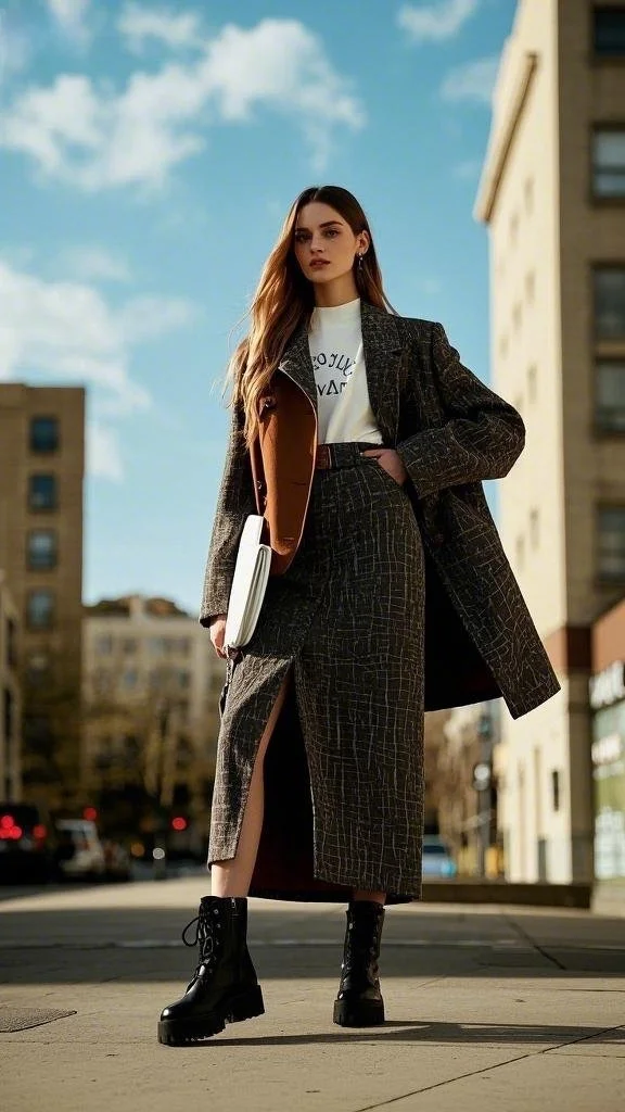 Long Plaid Coat + Graphic Tee + Statement Skirt + Black Combat Boots