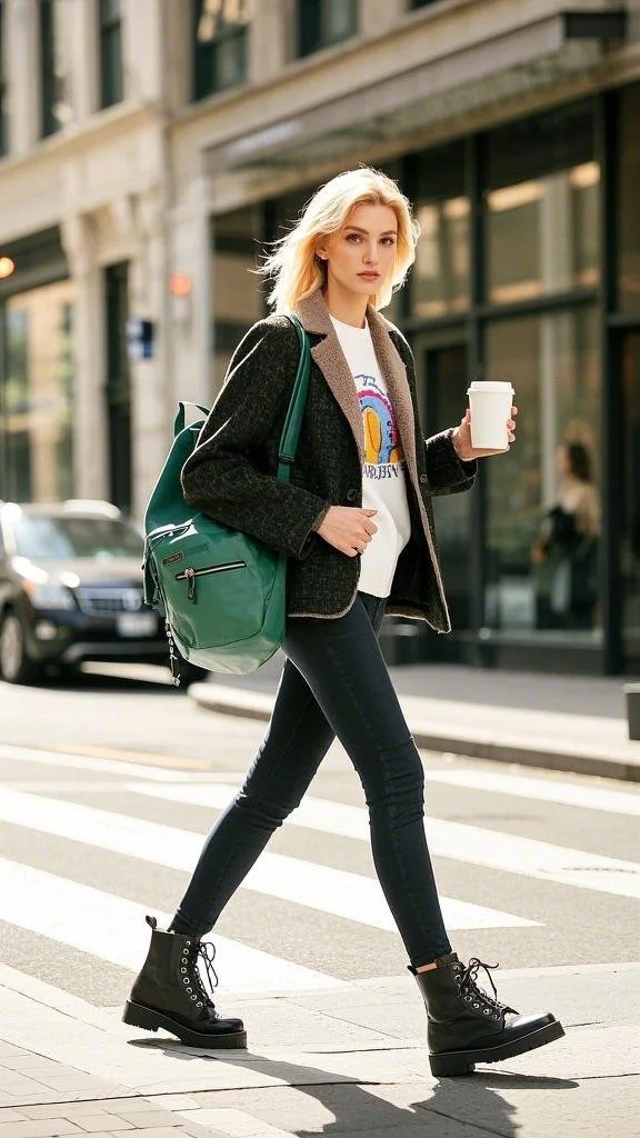 Fleece-Lined Jacket + Casual Printed Tee + Combat Boots + Accessories