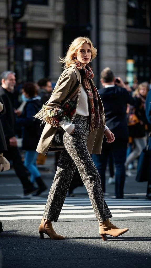 Ankle Boots, Colored Coat, and Printed Trousers