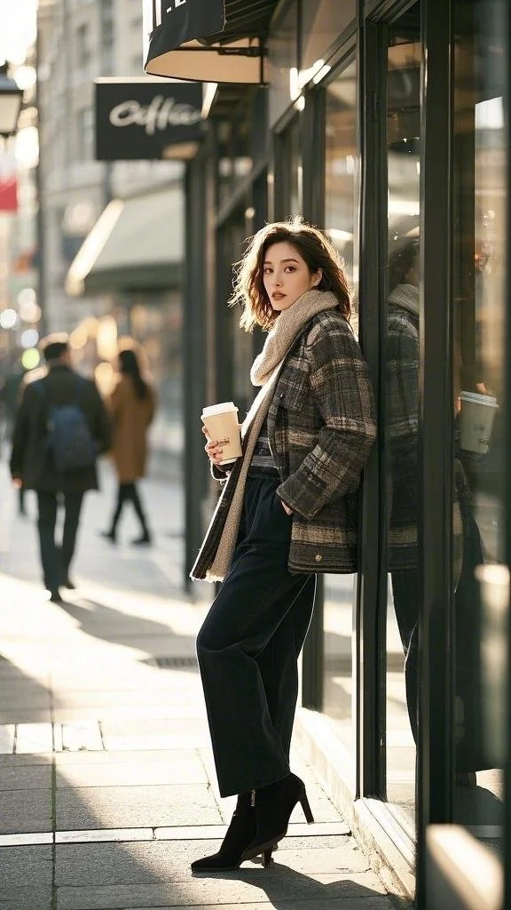 Ankle Boots, Plaid Coat, and Wide-Legged Trousers