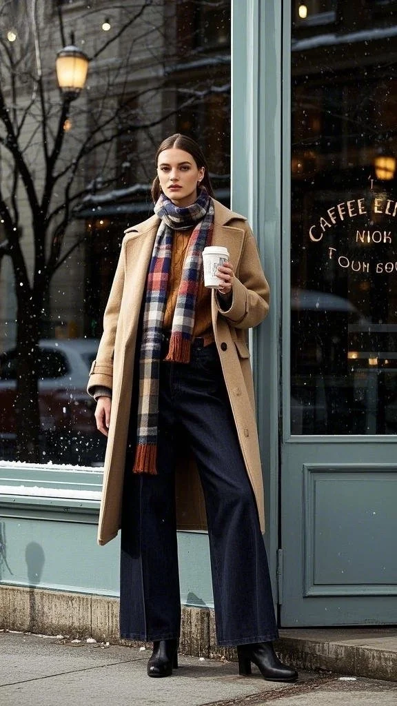 Ankle Boots, Camel Coat, and Wide-Legged Jeans