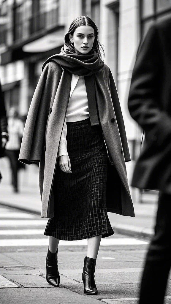 Ankle Boots, Oversized Coat, and Midi Skirt