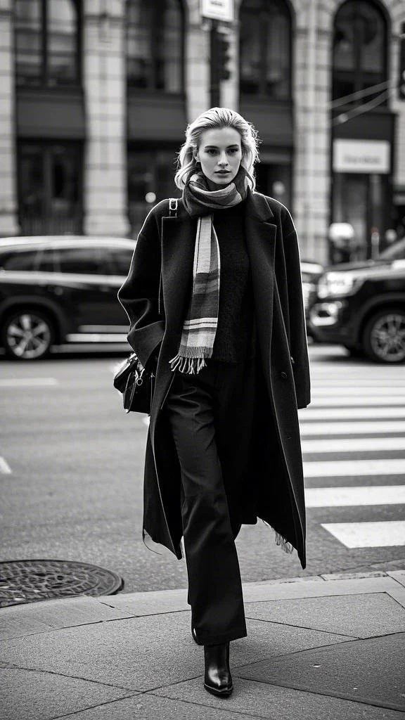 Ankle Boots, Long Coat, and Tailored Trousers