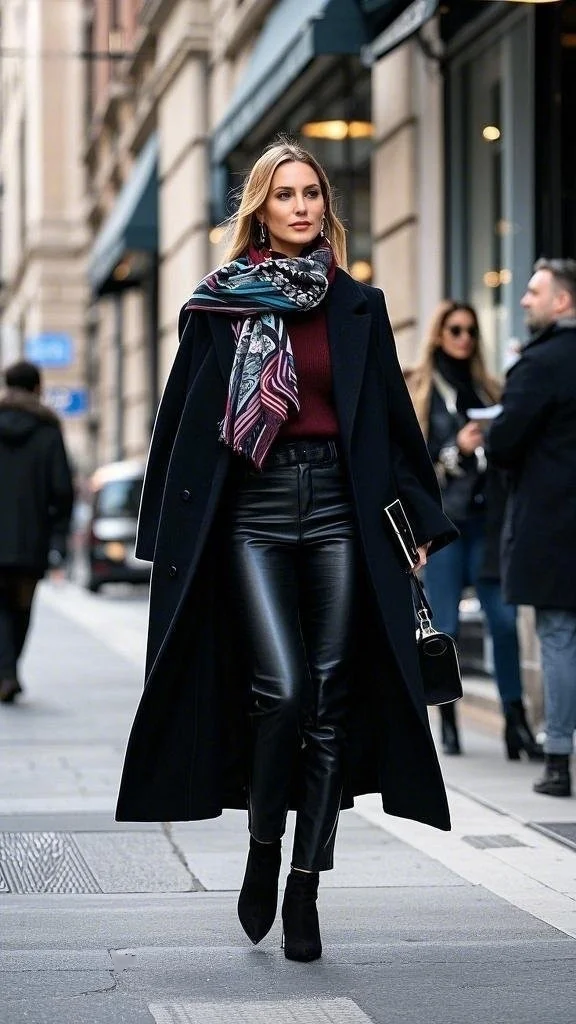 Ankle Boots, Leather Pants, and Oversized Coat