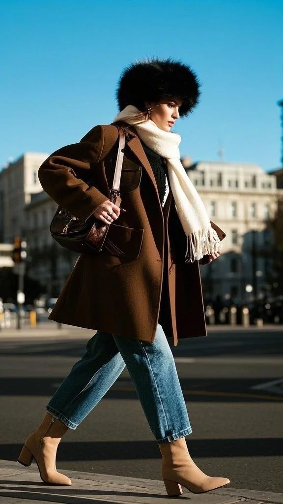 Ankle Boots, Brown Coat, and Cropped Jeans