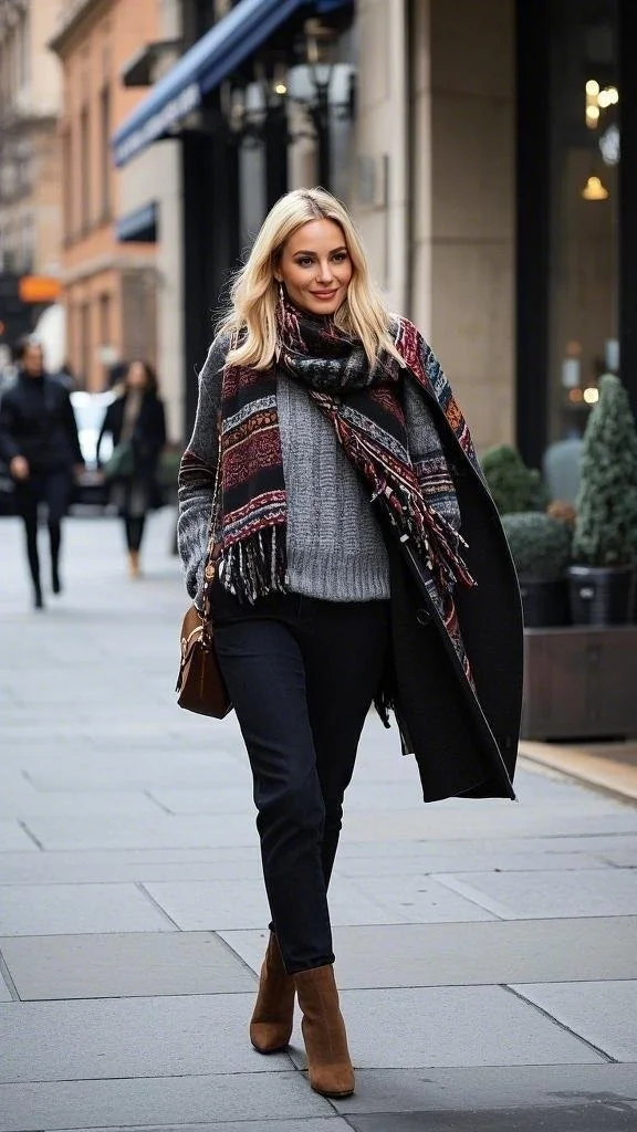 Ankle Boots, Cozy Sweater, and Stylish Scarf