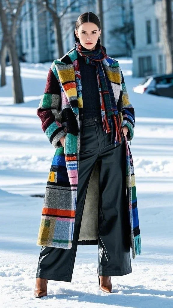 Ankle Boots, Colorful Coat, and Faux Leather Pants