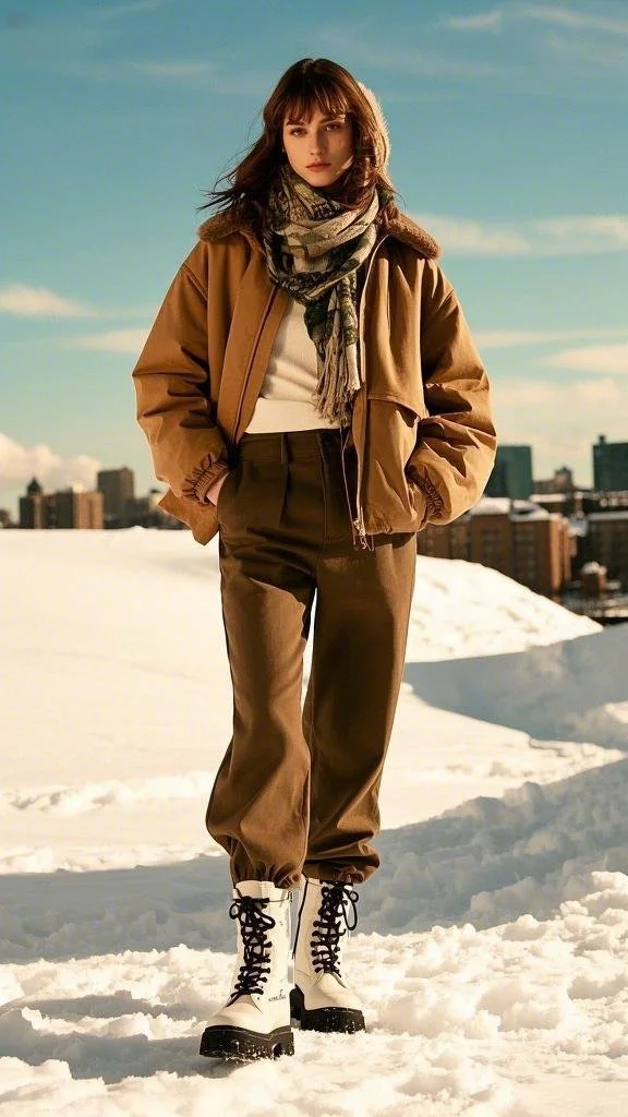 Oversized Brown Bomber Jacket + Classic White Turtleneck + Printed Scarf + Olive-Toned Joggers + Bold Combat Boots