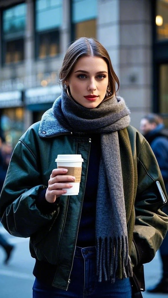 Dark Green Bomber Jacket + Cozy Scarf Layers + Classic Denim Jeans