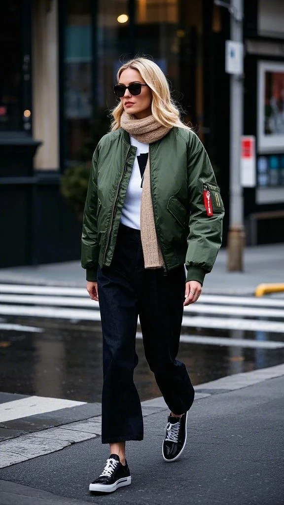 Khaki Green Bomber Jacket + Taupe-Colored Scarf + Cropped Wide-Leg Black Pants + Sleek Black Sneakers