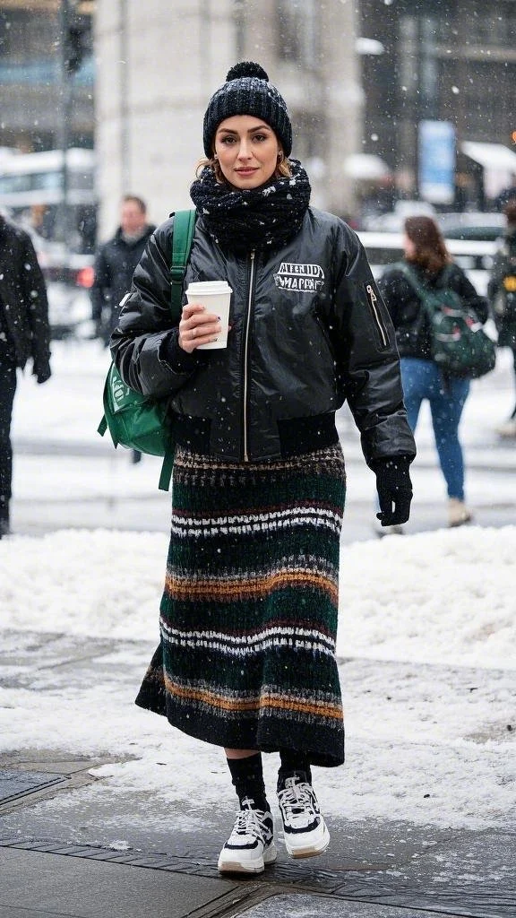 Black Bomber Jacket + Cozy Scarf + Striped Knit Dress + Chunky Sneakers