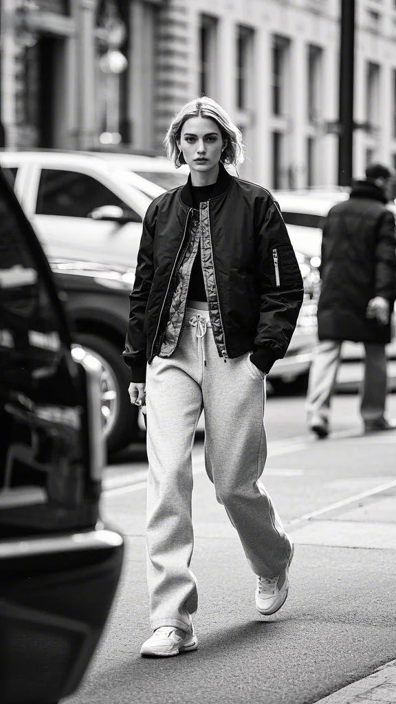 Bomber Jacket + Relaxed-fit Sweatpants + White Sneakers