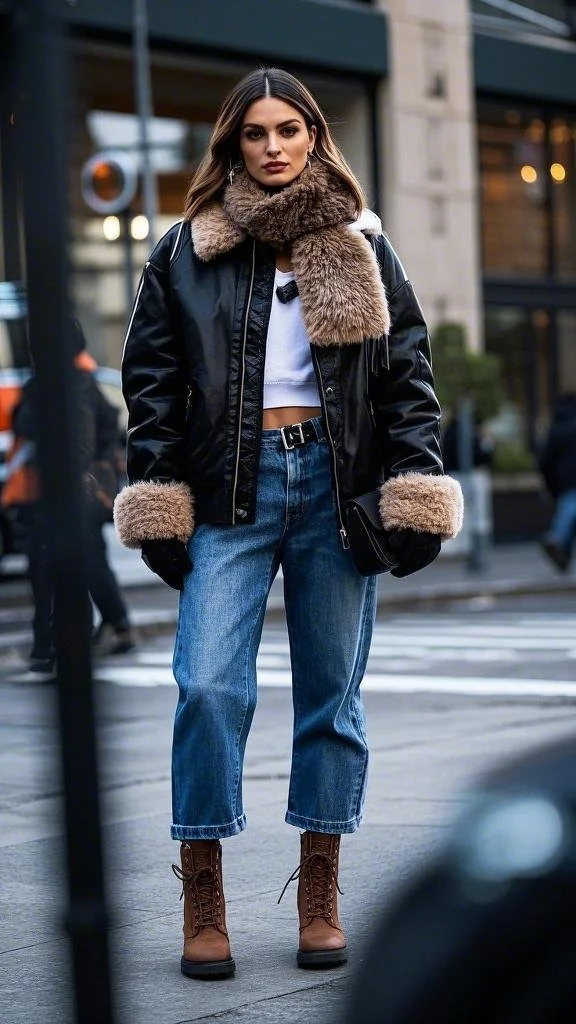 Black Leather Bomber jacket with Faux Fur Cuffs + Cropped Top + Blue Jeans + Rugged Combat Boots