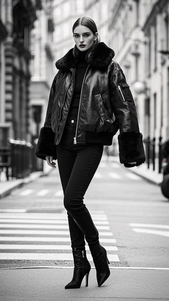 Bomber Jacket with a Fur-Trimmed Collar + High-Waisted Black Jeans + Black Heeled Boots