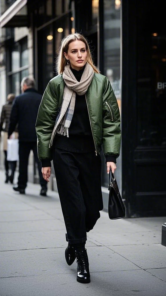 Green Bomber Jacket + Dark Wide-Leg Pants + Neutral Scarf + Patent Leather Boots