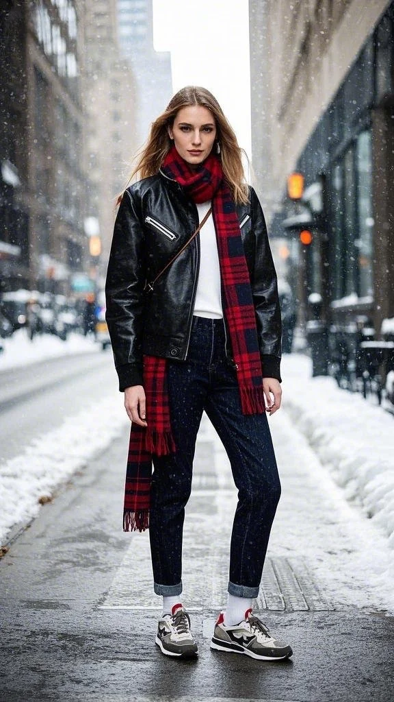 Black Leather Bomber Jacket + White Top + Dark Jeans + Red Plaid Scarf + Sporty Sneakers