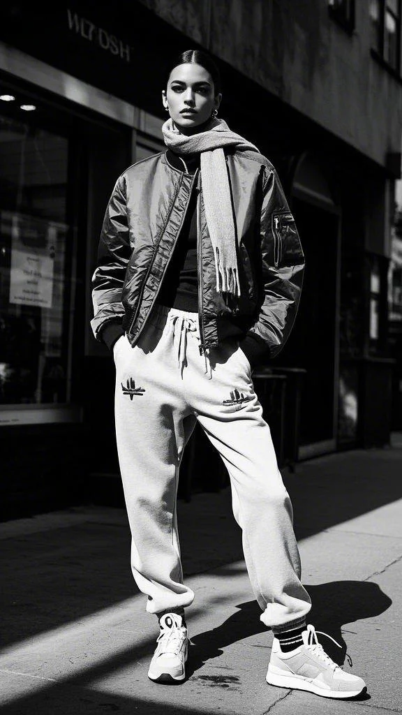 Monochrome Bomber + Cozy Joggers + Knit Scarf + Sneakers