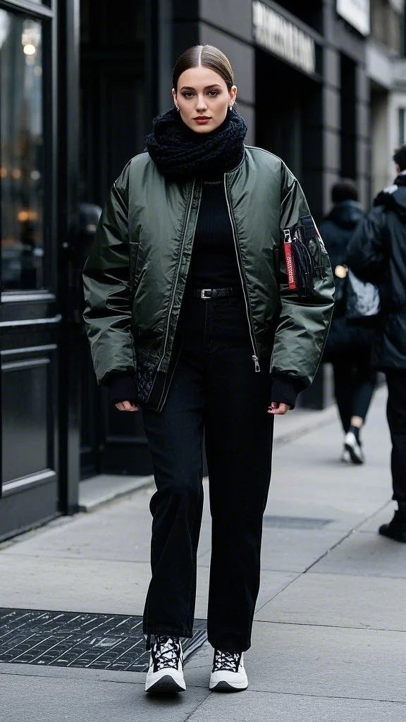 Military Green Bombers + Fitted Turtleneck + Thick Knit Scarf + Black jeans + Sneakers