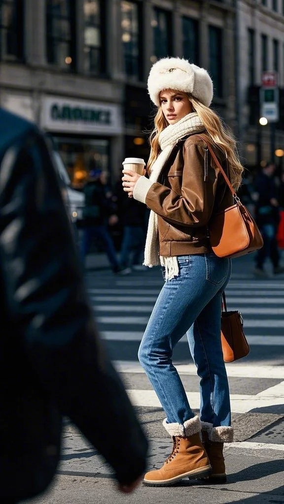 Brown Leather Bomber Jacket + Fur-Lined Boots + Classic Blue Jeans + Soft Knit Scarf + Faux Fur Hat