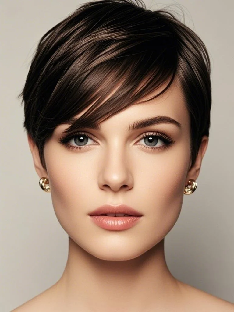 Long pixie haircut with side-swept bangs