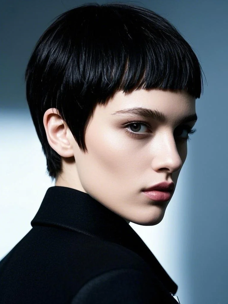 Long pixie cut with baby bangs for a bold look