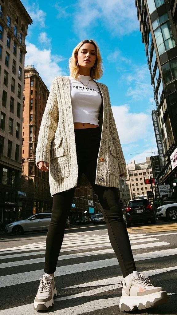 Cozy Knit Cardigan with Leggings + Cropped Top + Chunky Sneakers