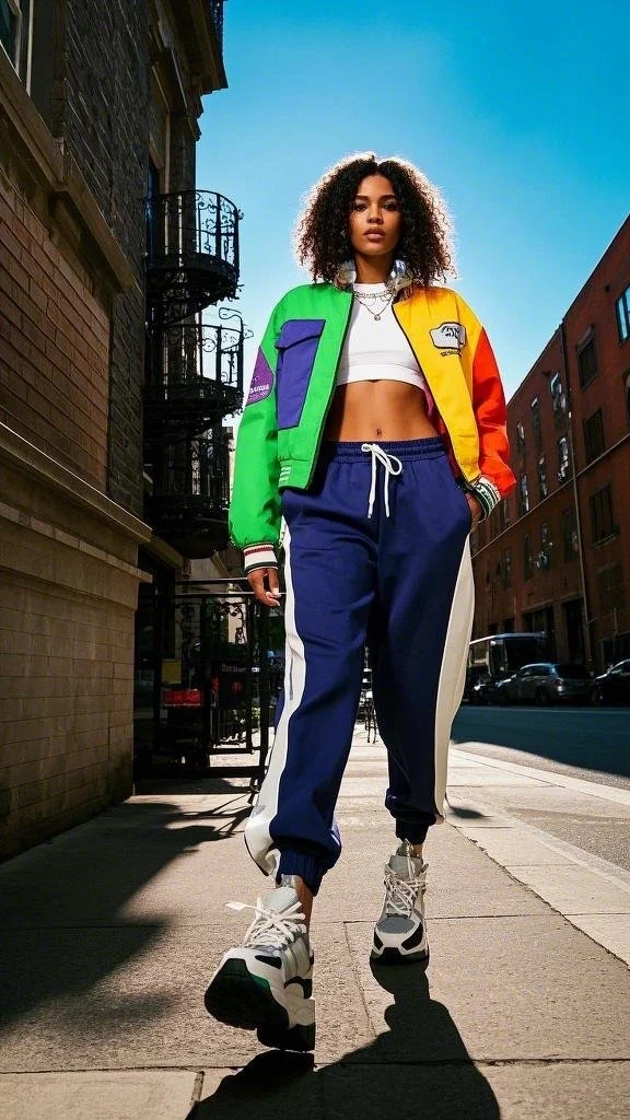 Multi-Color Jacket + Cropped Top + Colorful joggers + Chunky Sneakers