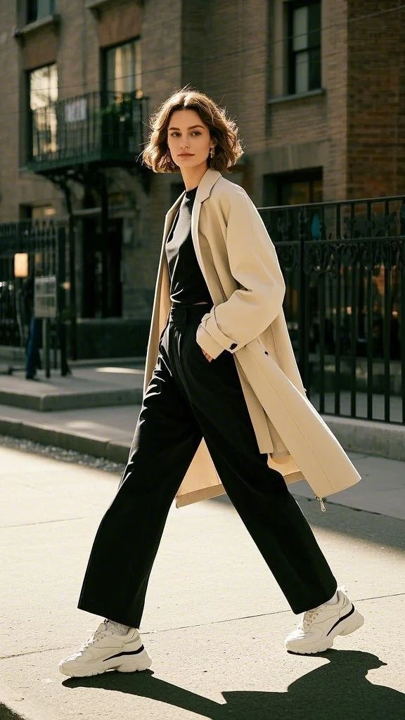 Beige Coat paired with High-Waisted Black Trousers + Black Top + Chunky Sneakers