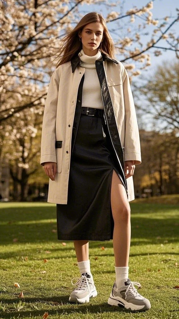 Structured Coat paired with Midi Skirt + Chunky Sneakers