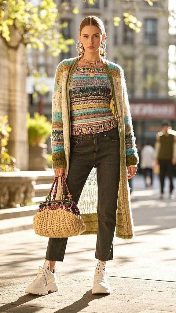 Patterned Knitwear + Vintage-Style Jeans + Chunky Sneakers + Accessories