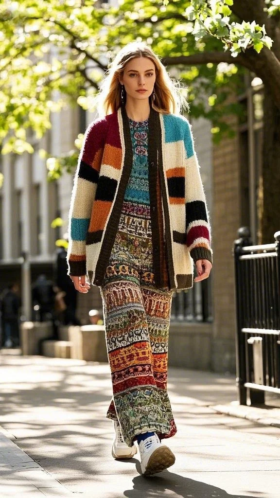 Patterned Knit Set + Bold Prints and Textured Cardigan + Chunky Sneakers