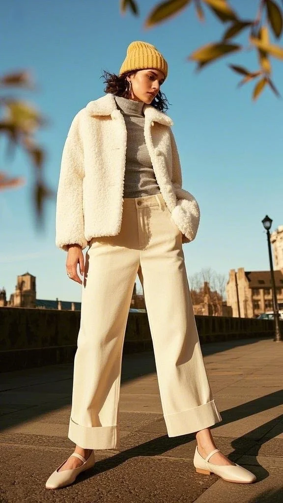 Plush White Jacket + Gray Turtleneck + Wide-Leg Cream Trousers + Ballet Flats