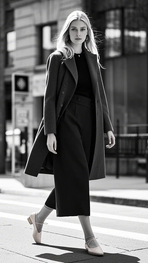 Long Structured Coat + Fitted Sweater + Wide-Leg Trousers + Ballet Flats