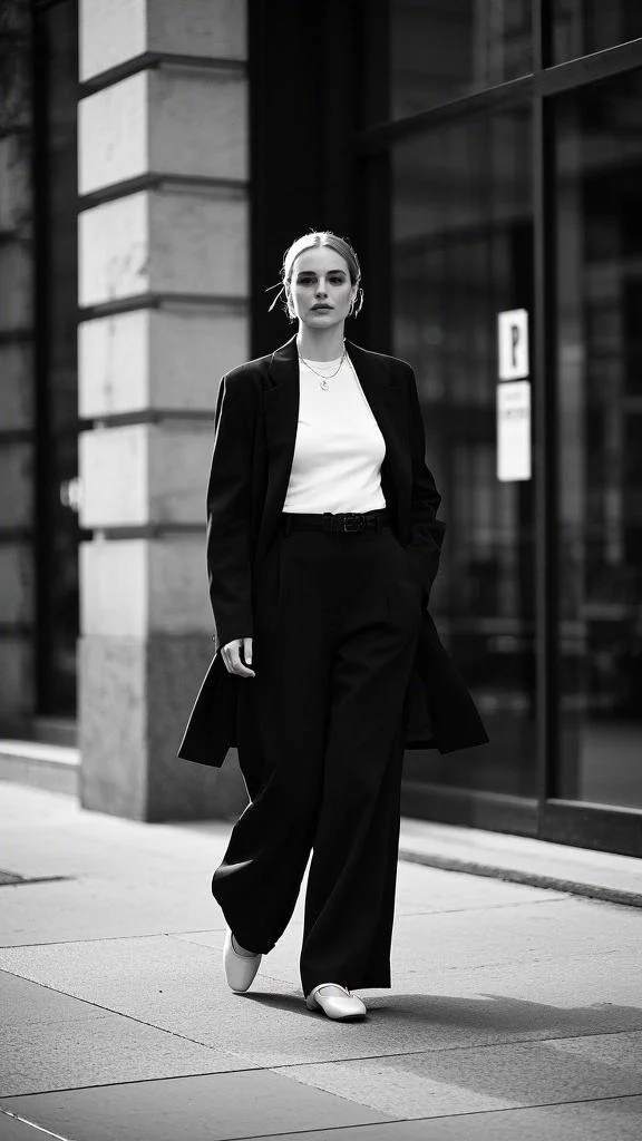 Tailored Black Blazer + Crisp White Top + Wide-Leg Trousers + Ballet Flats