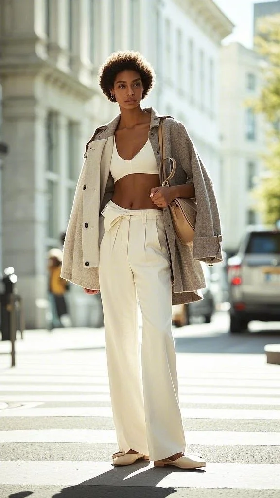 Beige Overcoat layered over a Cropped White Top + Flowing Wide-Leg Trousers + Ballet Flats