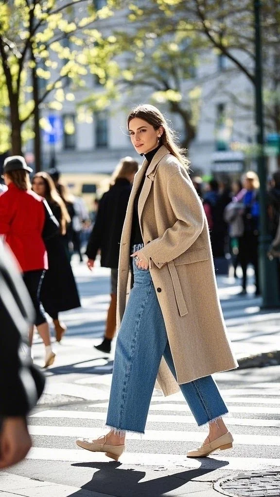 Camel-Toned Overcoat + Black Turtleneck + High-Waisted Jeans + Ballet Flats