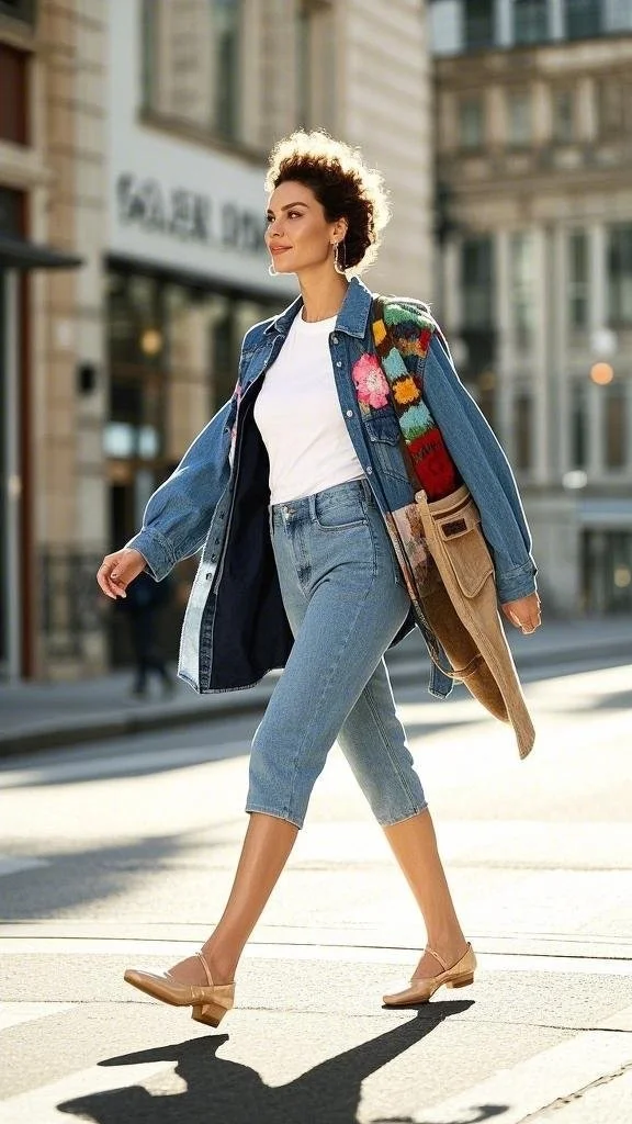 Colorful Crochet-Accented Jacket + Classic Jeans + White-Top + Ballet Flats