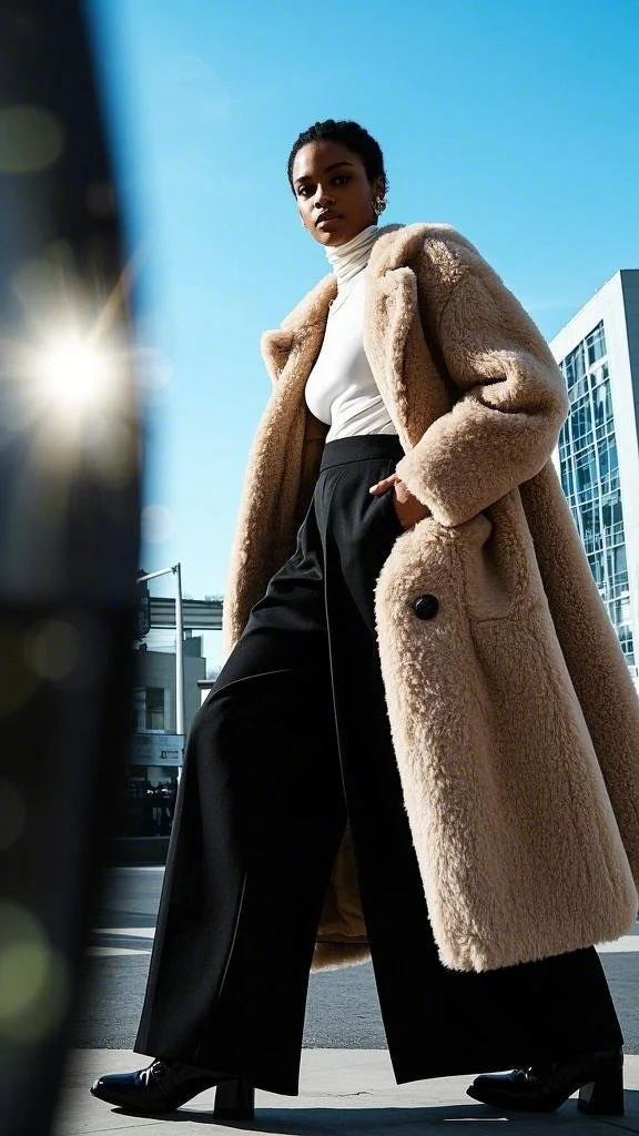 Luxurious Winter Elegance: Wide-Leg Pants & Statement Teddy Coat