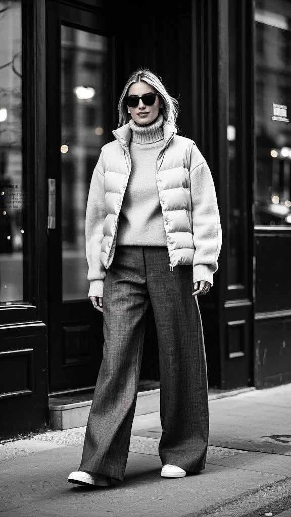 Minimalist Winter Chic: Wide-Leg Pants & Puffer Vest Combo