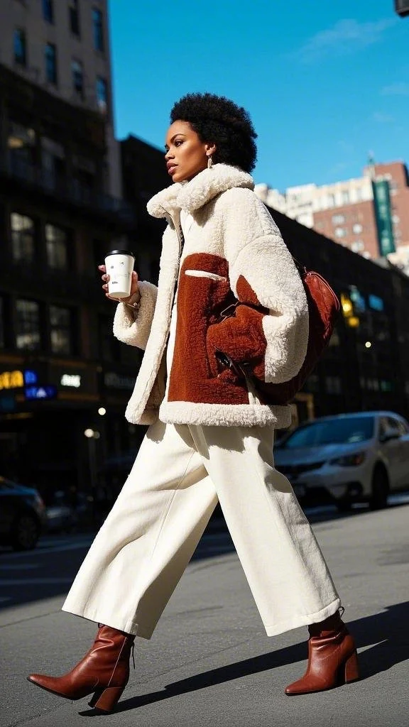 Cozy Luxe: Wide-Leg Pants & Shearling Jacket for Effortless Winter Style