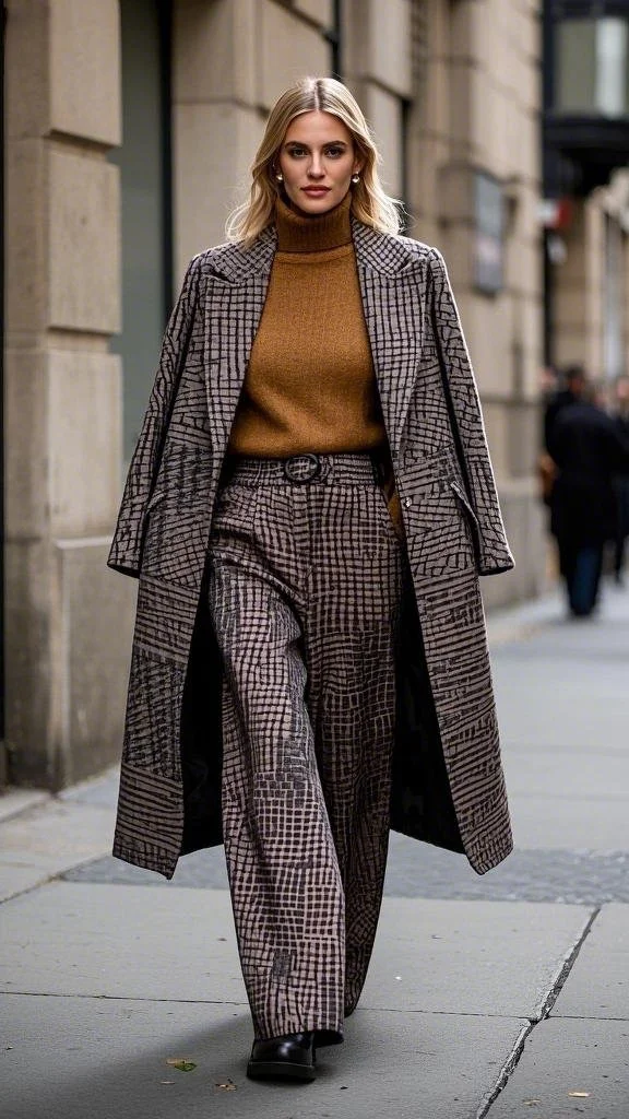 Power Dressing: Wide-Leg Plaid Suit with a Chic Turtleneck