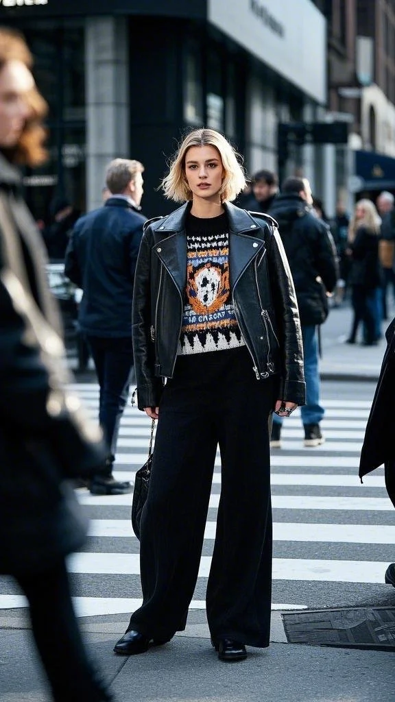 Edgy Street Style: Wide-Leg Pants & Leather Jacket Fusion