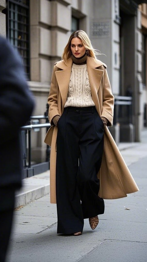 Timeless Elegance: Wide-Leg Pants & Classic Camel Coat