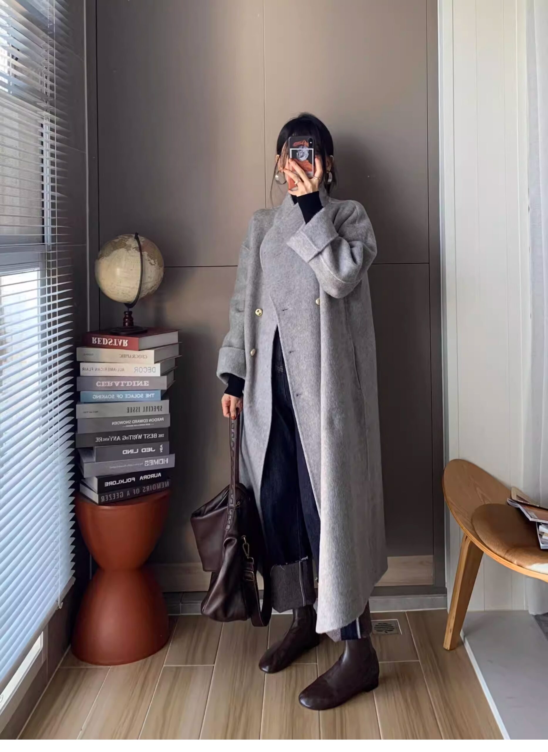 Chic Korean Minimalist Winter Outfit with Oversized Gray Coat