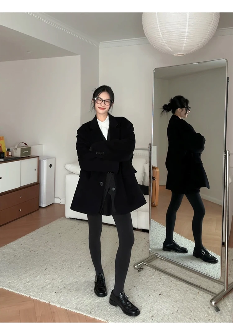 Preppy Korean Winter Look: Oversized Coat with Tights and Loafers