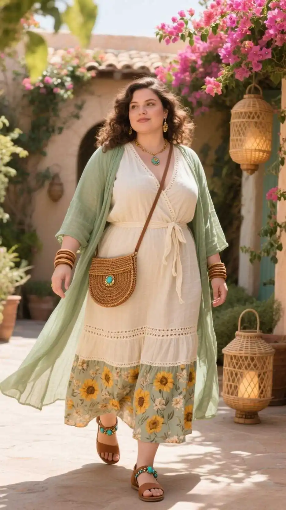 Linen Wrap Blouse + Gauze Kimono Duster + Smocked Floral Maxi Skirt + Beaded Leather Sandals