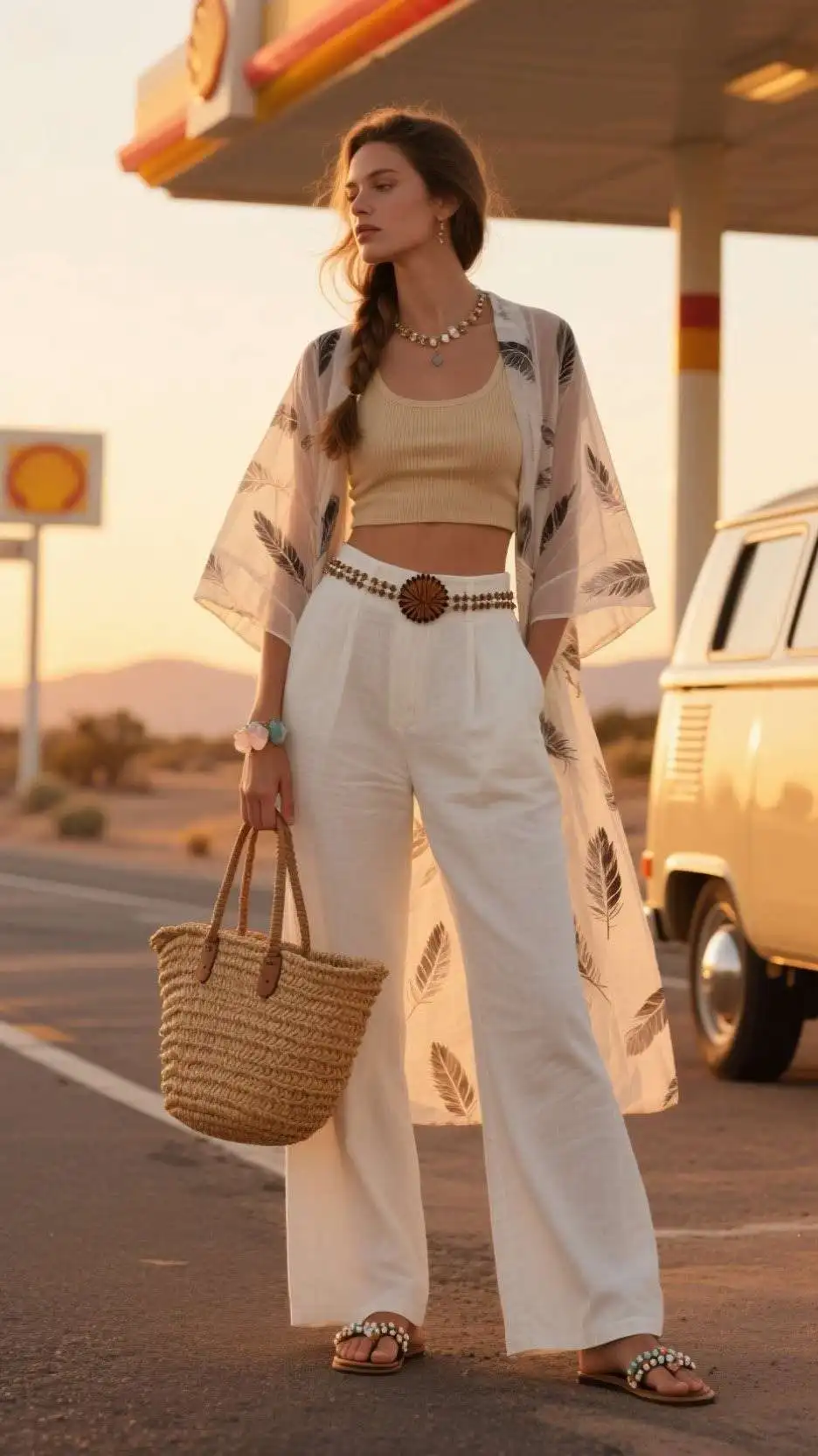 Sheer Kimono Duster + Linen Wide-Leg Pants + Beaded Slide Sandals