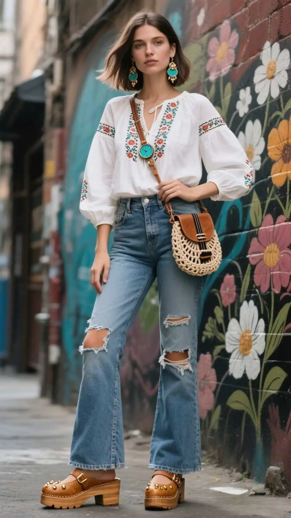 Embroidered Peasant Blouse + Patched Flare Jeans + Wooden Platform Clogs